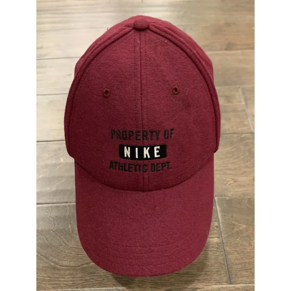 Vtg 90s Nike Red Property Of Nike Athletic Dept Leather Strapback Hat Cap Wool